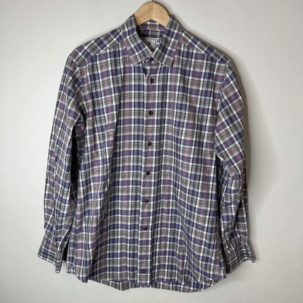David Donahue Mens Purple Gray Plaid Multi‎ Long Sleeve Cotton Collared Shirt L